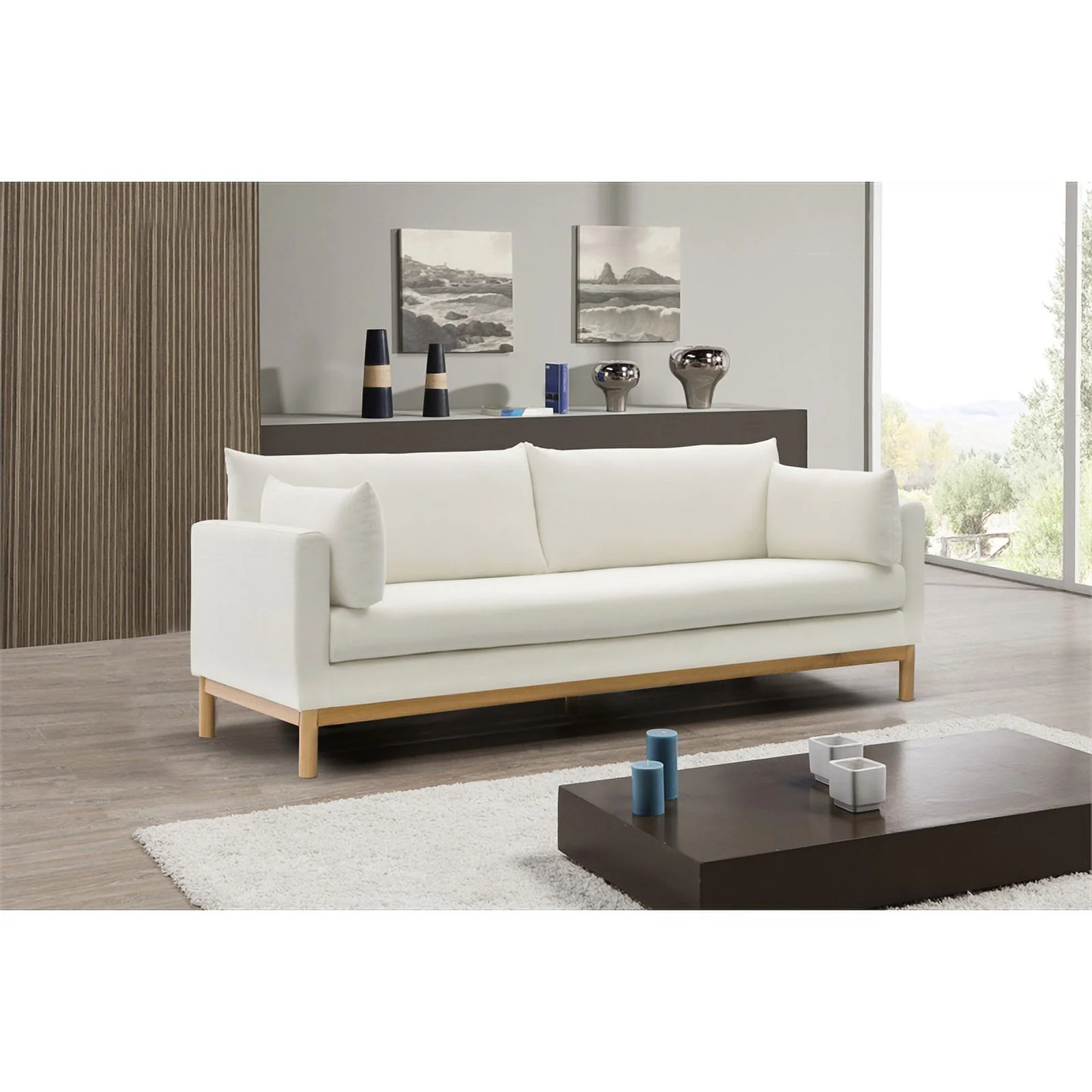 Maklaine Contemporary Cream Linen Textured Fabric Solid Wood Base Sofa