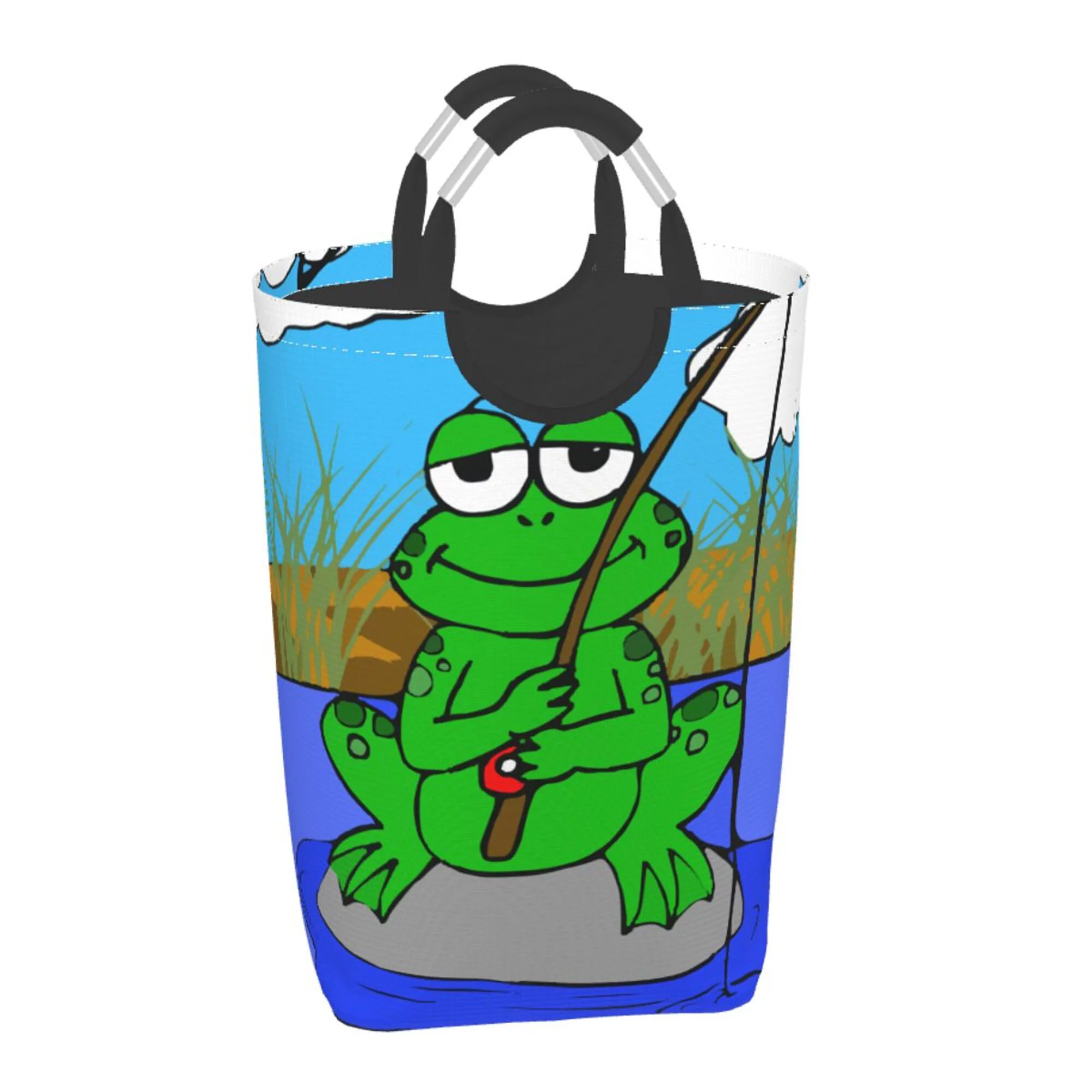 TEQUAN 50L Large Rectangular Laundry Hamper with Aluminum Handles, Cartoon Fishing Frog Prints Waterproof Foldable Dirty Clothes Basket
