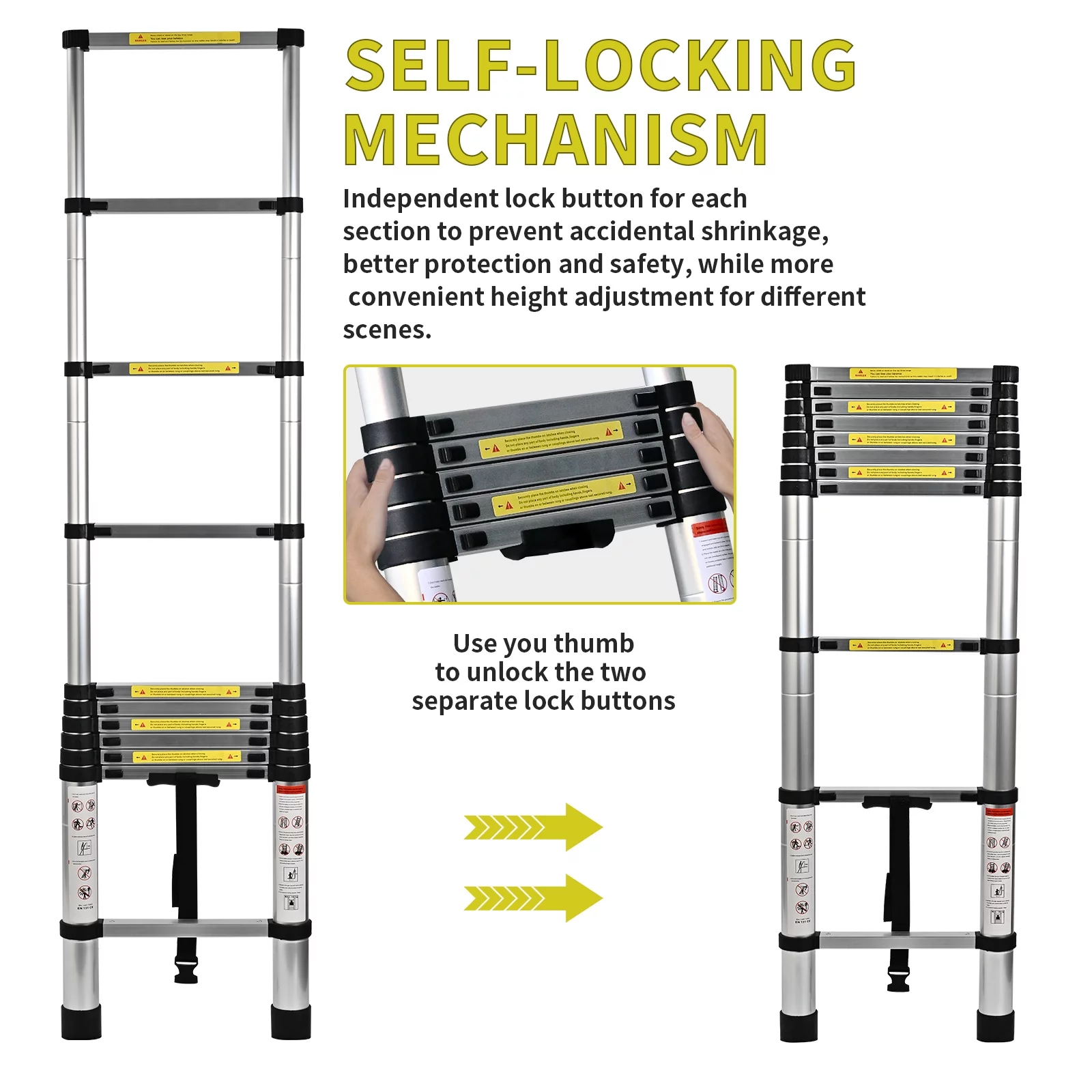 DIYAREA Telescoping Ladder, 10.5 FT One Button Retraction Aluminum Telescopic Extension Extendable Ladder, Slow Down Design Multi-Purpose Ladder for Household Daily or Hobbies, 330 Lb Capacity