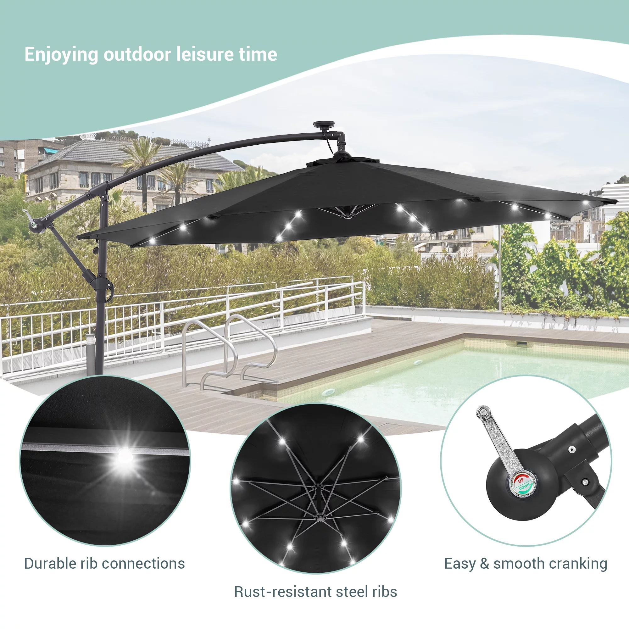 ACEGOSES 10ft 32 LED Outdoor Patio offset Umbrella, Solar Lighted Hanging Umbrella with 8 Ribs for Desk,Garden,Yard,Black