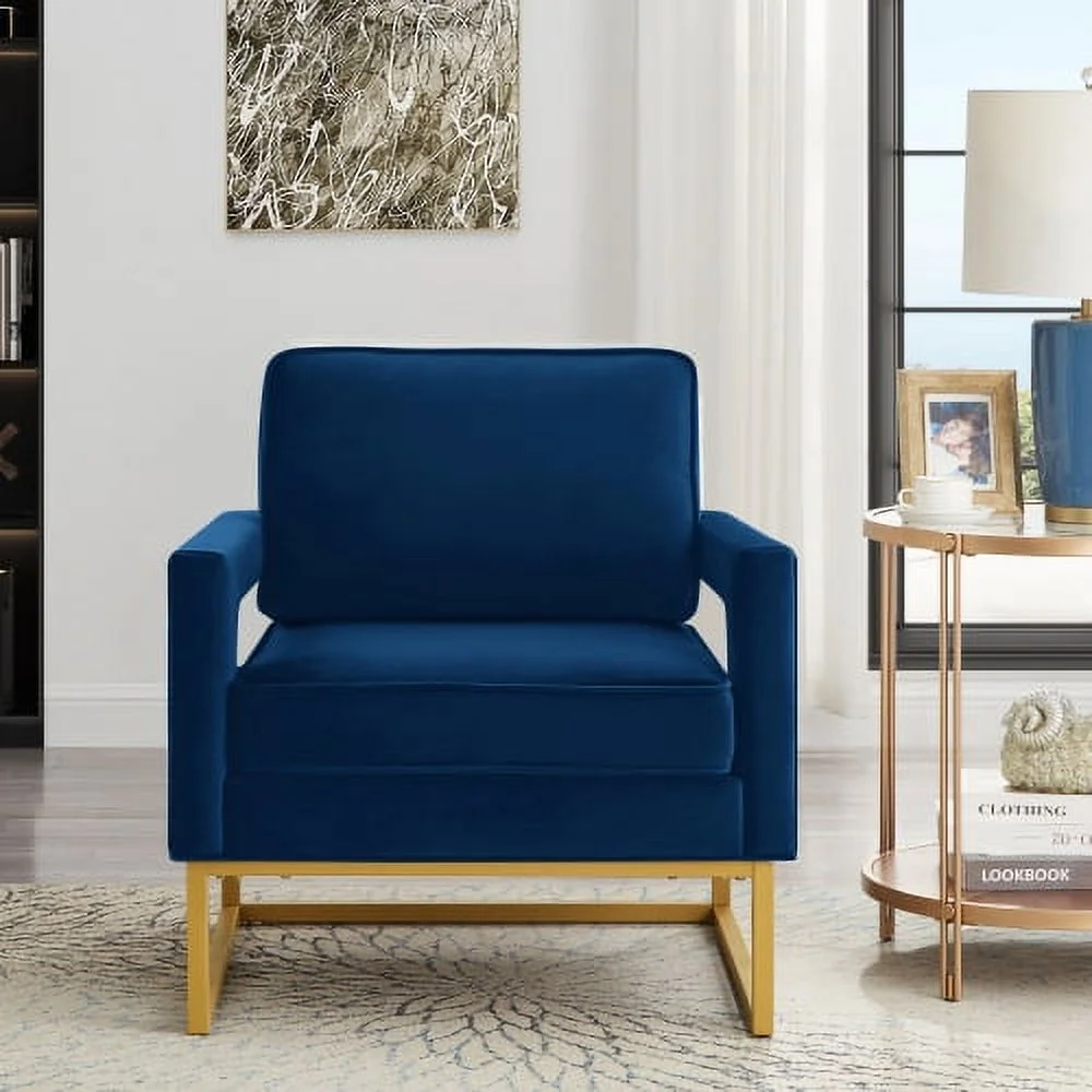 JHOOTUUO Modern Style Accent Chair with Gold Metal Base   Velvet Upholstered Leisure Chair with Open Armrest  Armchair  Navy