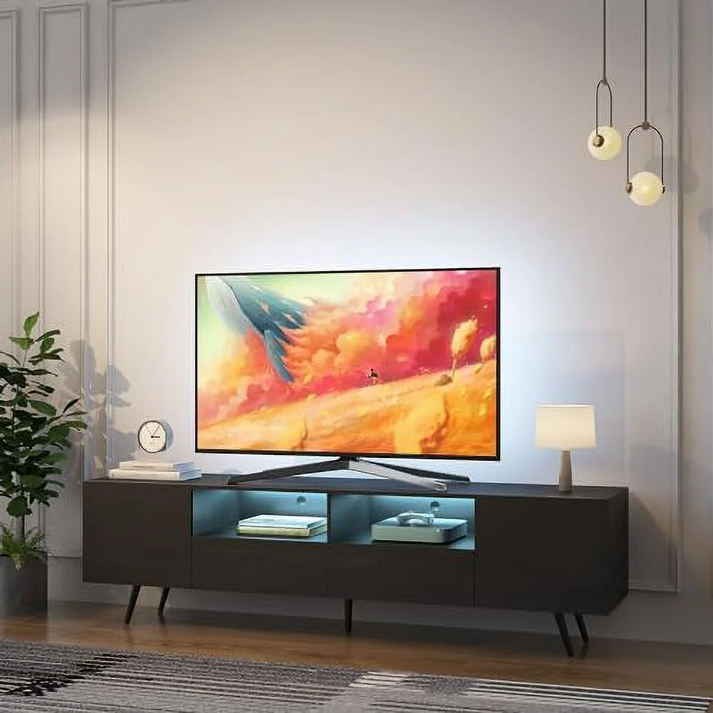 GEROBOOM Modern TV Stand for 75 Inch TV with LED Lights Mid-Century Gaming Entertainment Center Media Console Television Stands with 2 Drawers& 2 & 2 Open Shevles for Living Room