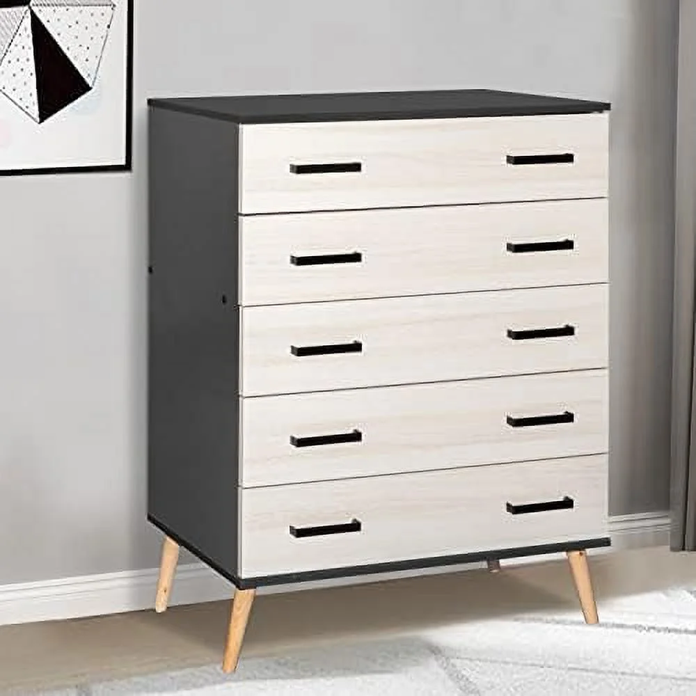 YFbiubiulife Eli Mid-Century Modern 5 Drawer Chest in White & Natural Oak