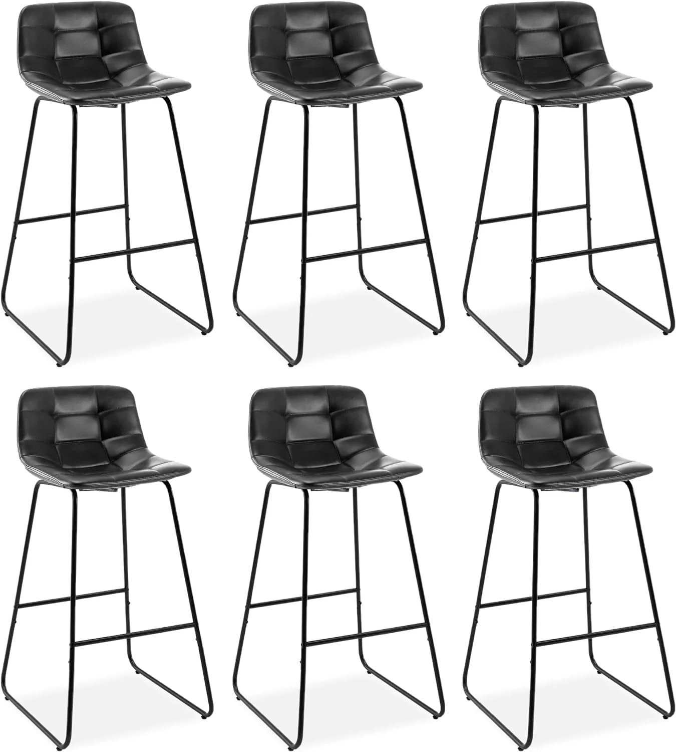 LUE BONA Upholstered Checkered Pattern Bar Stools Set of 6, Faux Leather 30 Inch Bar Height Chairs Kithchen Island, Black