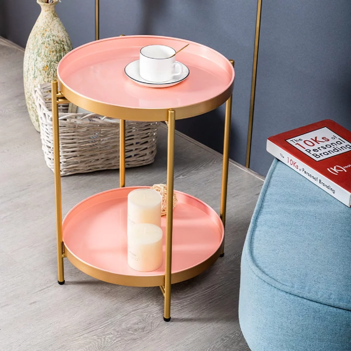 Miumaeov Round End Table Side Table Modern Accent Table Side End Coffee Table Small Steel Tray Table 2 Tier Metal Snack Table for Living Room Balcony Party Office 16 inch