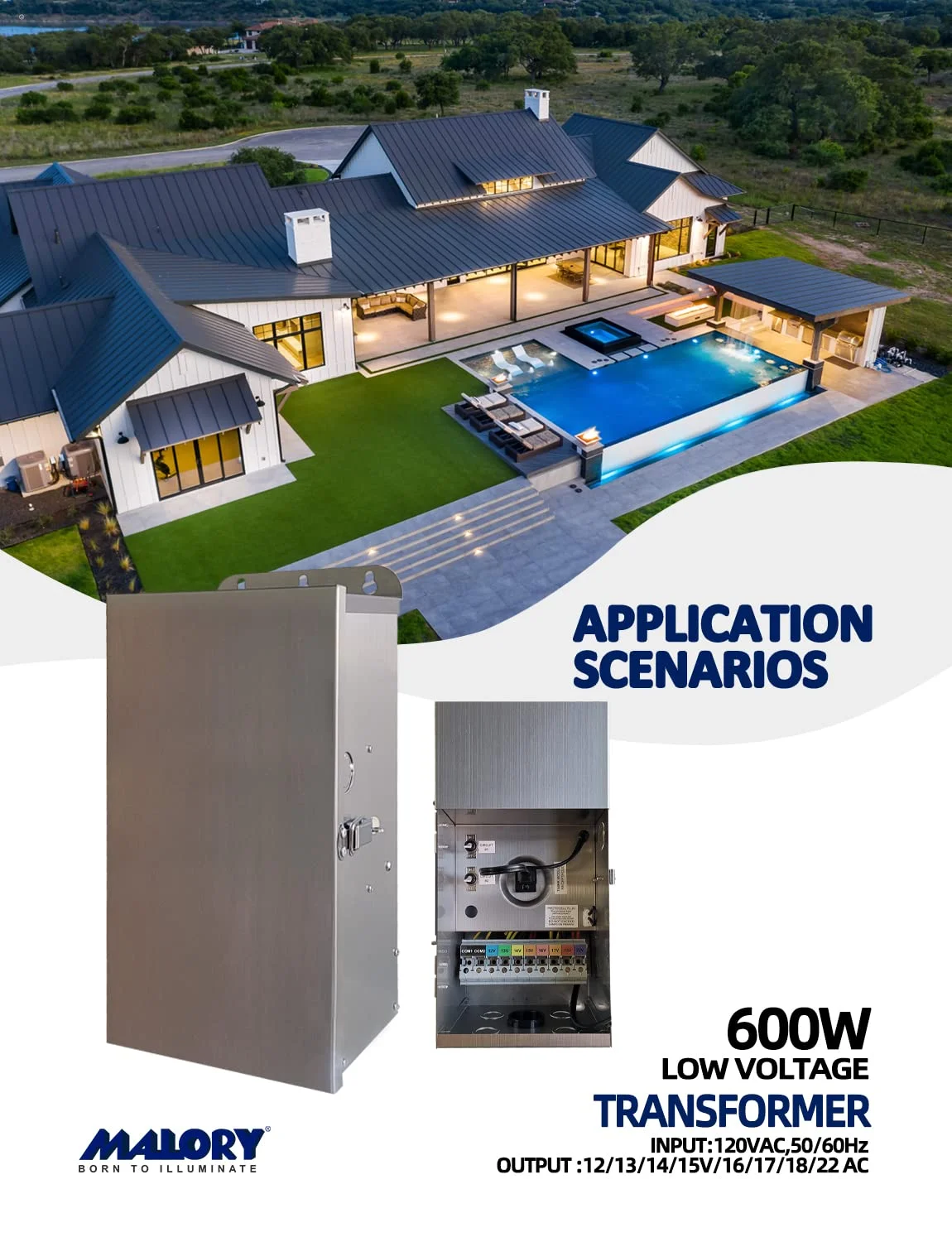 AUCHI 600W Low Voltage Transformer for Landscape Lighting,120V AC to 12/13/14/15/16/17/18/22V Multi-Tap Power Supply for Outdoor Landscape Lights,Yard Lights,Garden Lights(Transformer only)