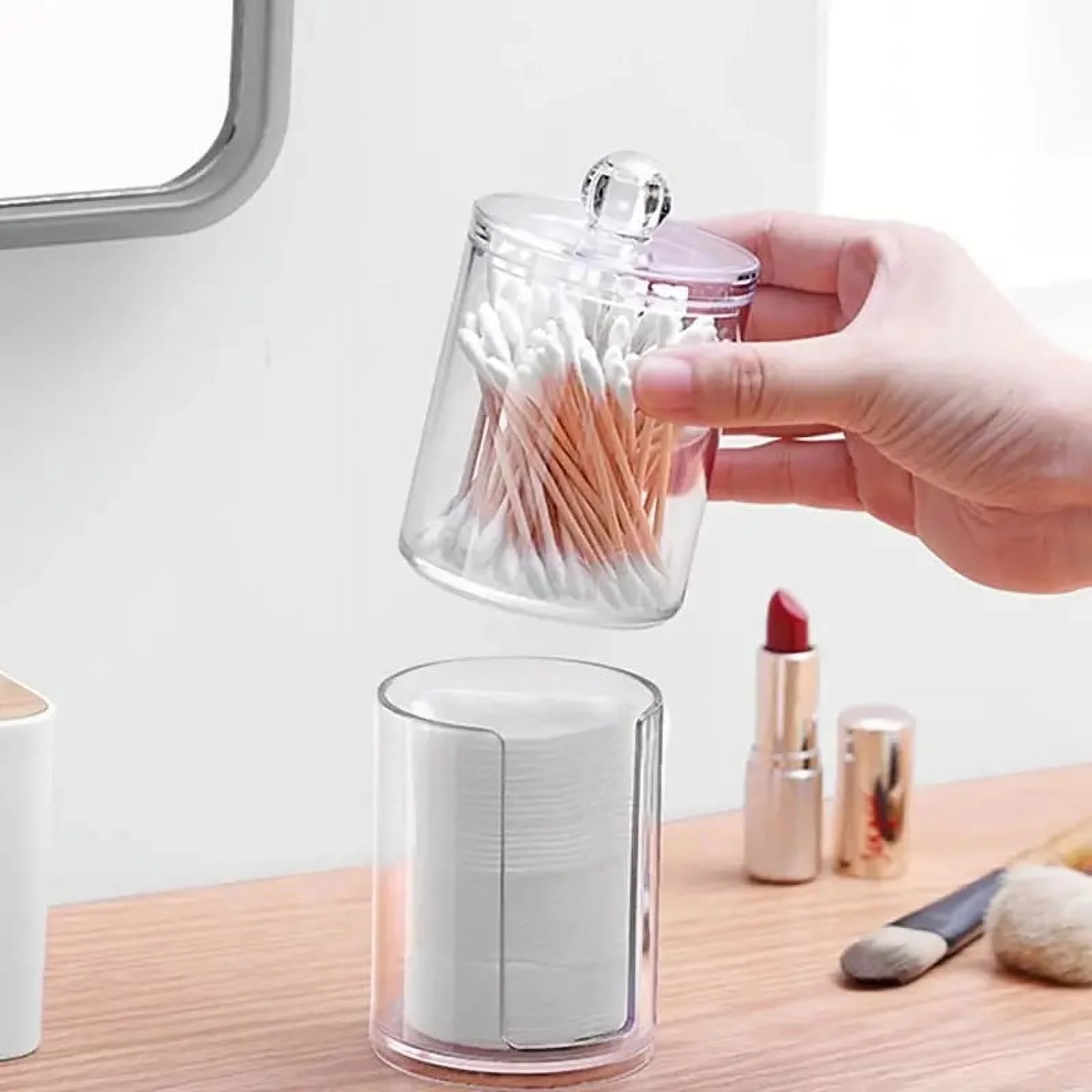 Clear Acrylic Qtip Holder Dispenser with Lid - 2 in 1 Apothecary Jars for Bathroom Storage and Vanity Makeup Organization - Ideal for Cotton Swabs, Pads, Balls, and Floss