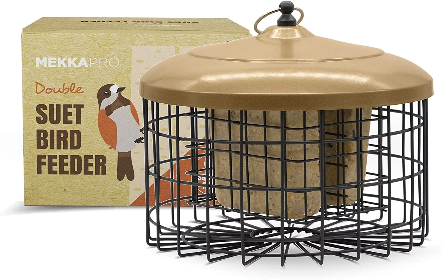 MEKKAPRO Bird Feeder Squirrel Proof with Hanging Metal Roof, Bird Feeder for Outside Wild Birds (Brown)