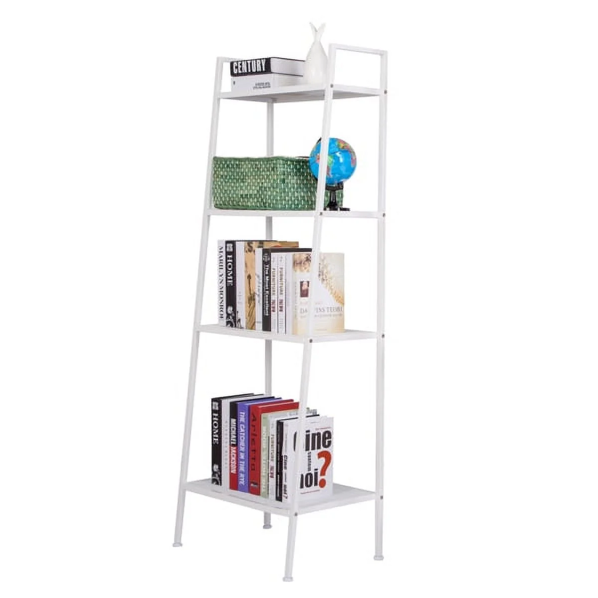 Bookshelf, Ladder Shelf 4-Tier Bookcase for Bedroom, Industrial Book Shelves Storage Rack with Metal Frame for Home Office, White