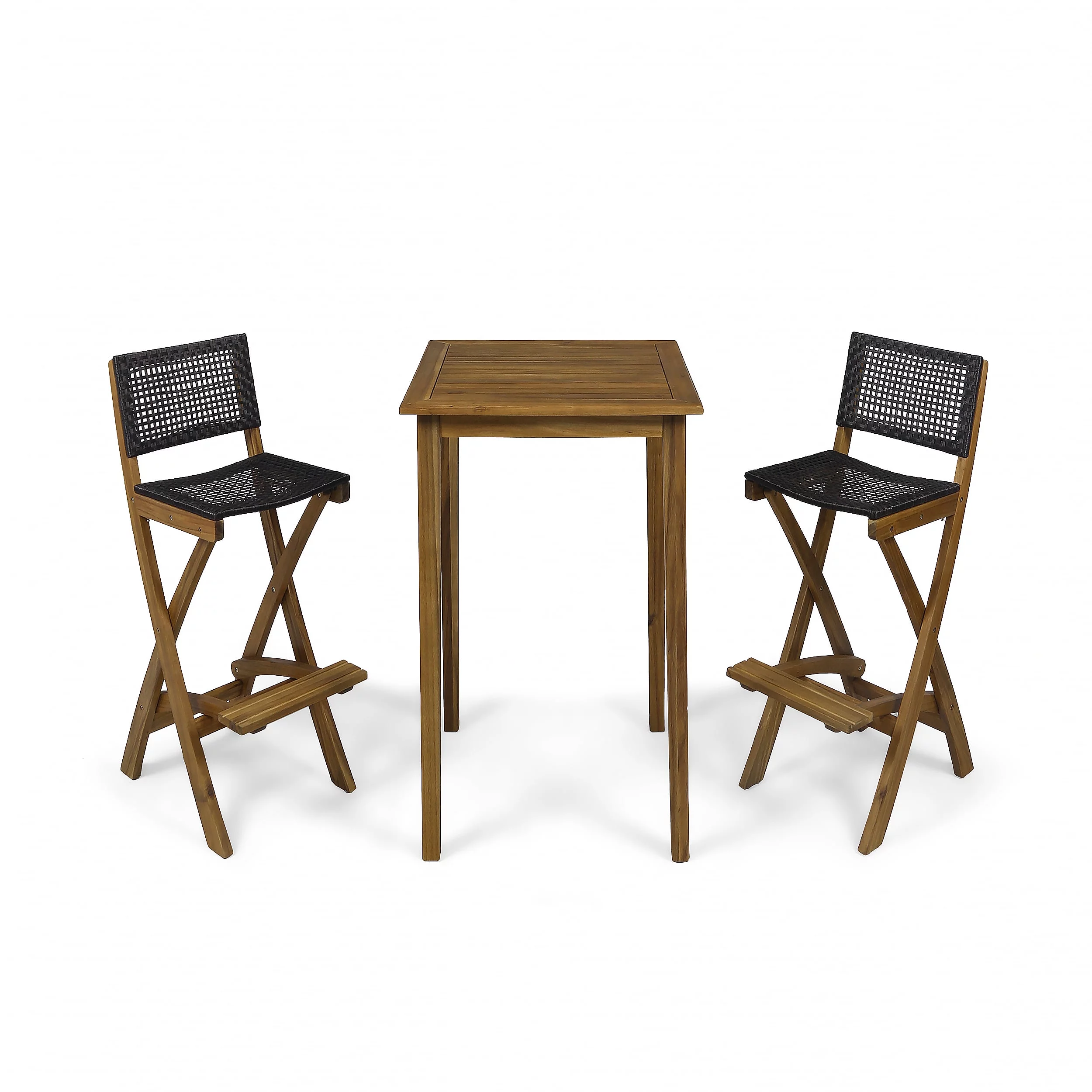 GDF Studio Omaha Outdoor Acacia Wood and Wicker 3 Piece Square Bar Bistro Set, Teak and Brown