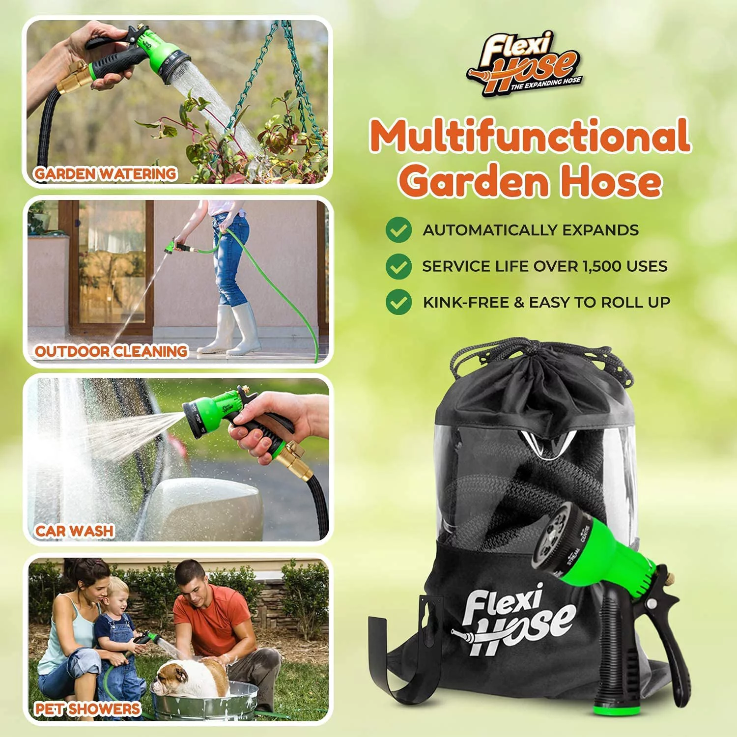 Flexi Hose PLUS with 8 Function Nozzle Expandable Garden Hose, Lightweight & No-Kink Flexible Garden Hose, 3/4 inch Solid Brass Fittings and Double Latex Core, 75 ft Black