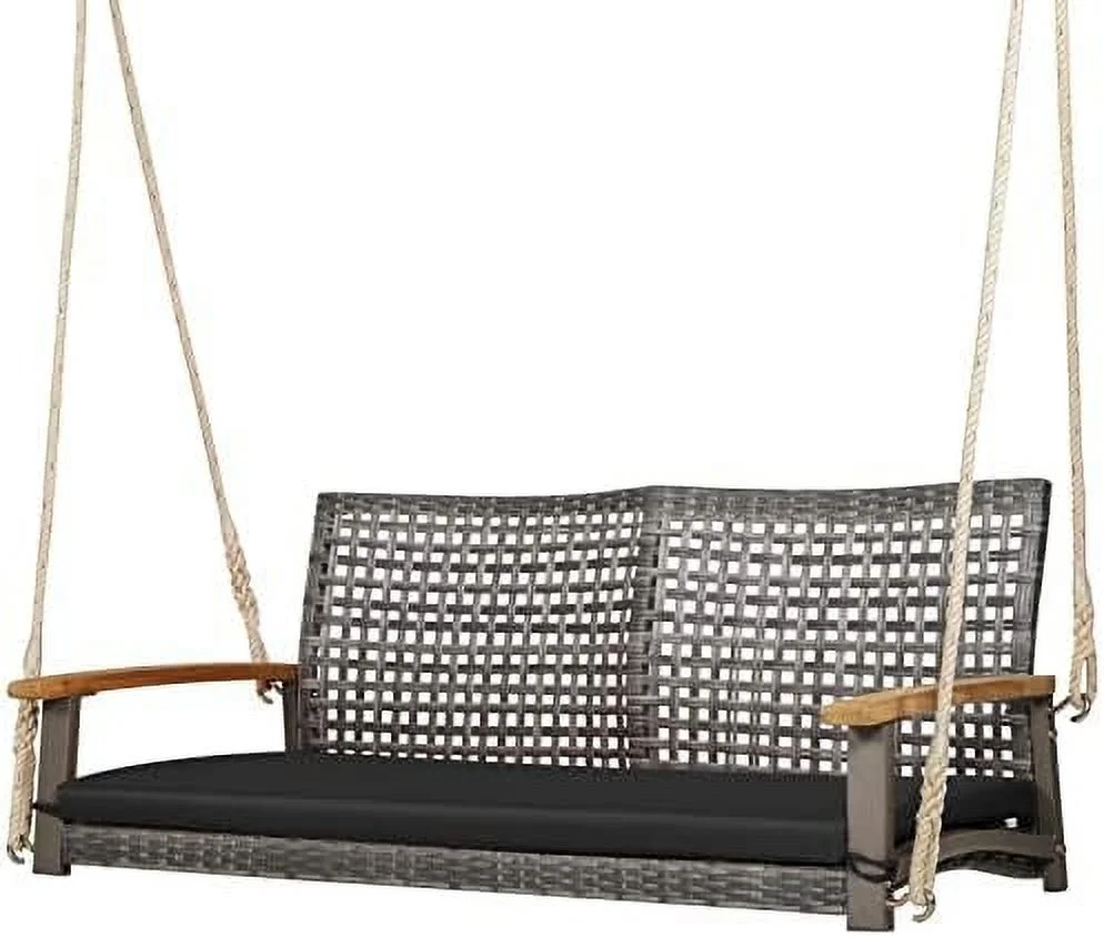 CGFHYP 2-Person Outdoor Porch Swing with 118" Hanging Ropes   PE Wicker Patio Hanging Swing Bench with Soft Seat Cushion & 800 Lbs Weight Capacity  Suitable for Patio  Garden (Off