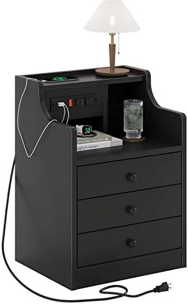 FDSHOIYN Nightstand with Charging Station  Night Stand with Hutch &  Drawers  End Table  Bedroom Grey