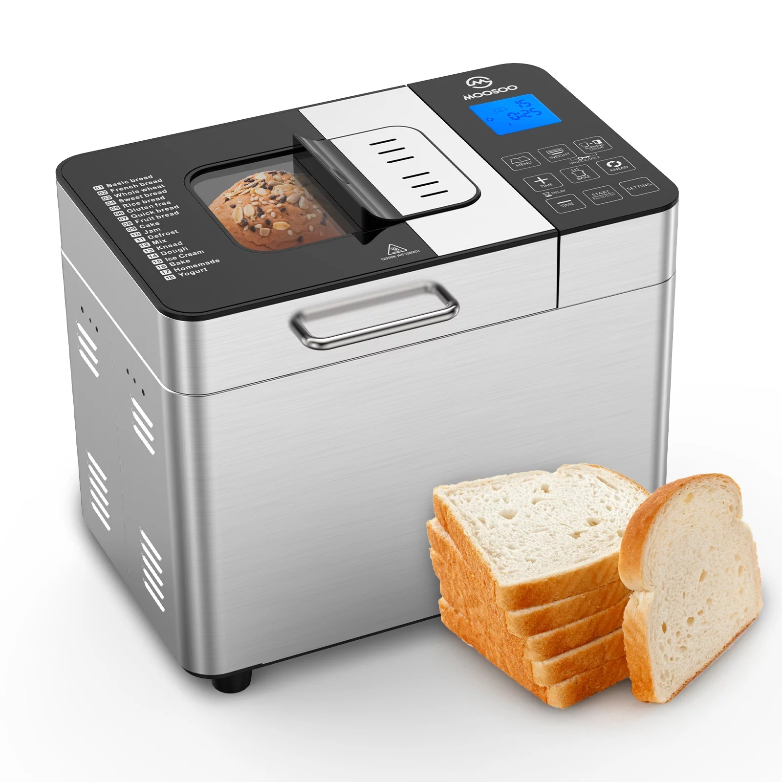 18-in-1 Bread Machine, Moosoo 2LB Bread Maker, Stainless Steel Breadmaker, Touchscreen, Time Delay & Keep Warm