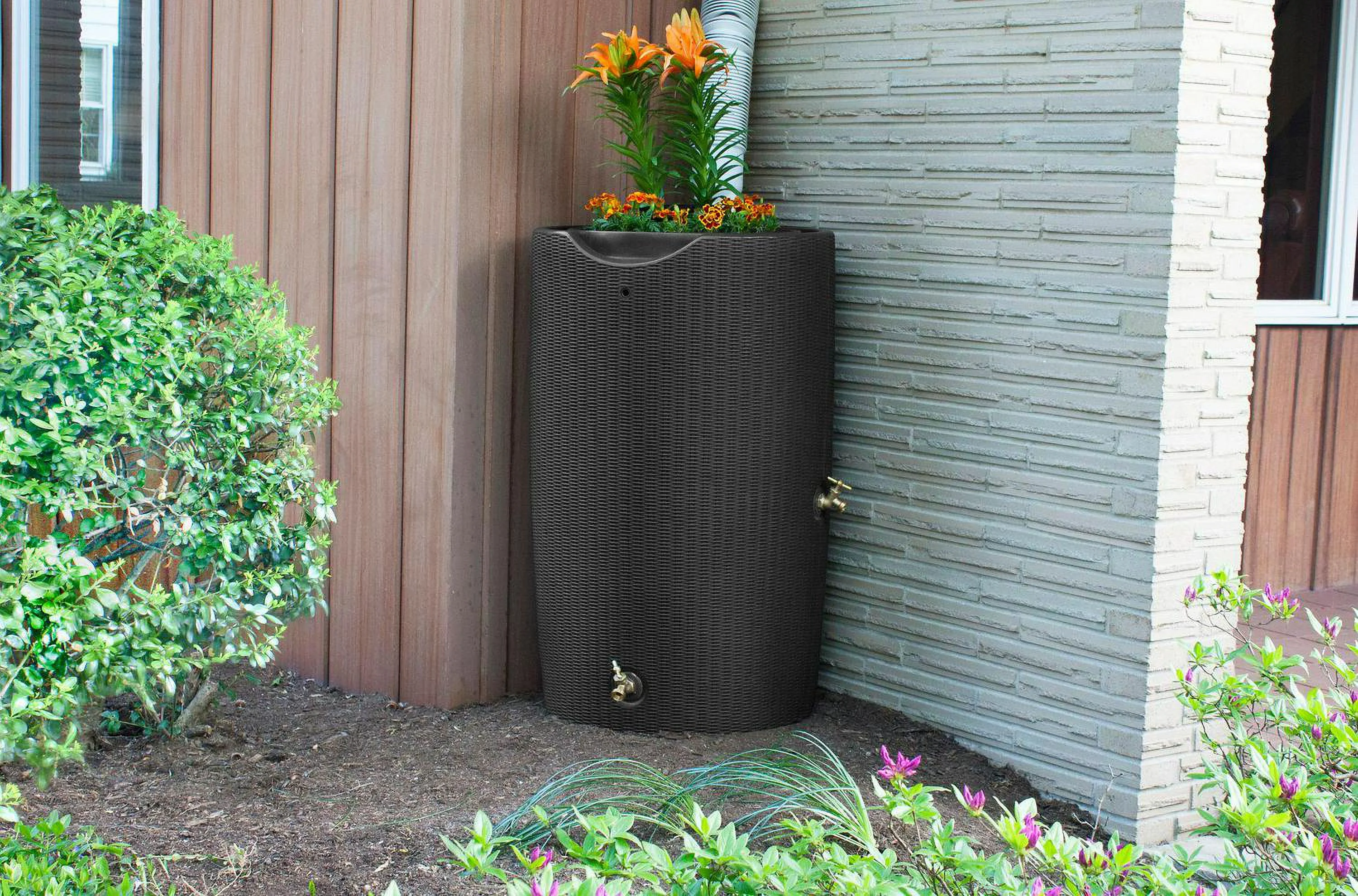 Good Ideas 50 gal. Impressions Bali Rain Saver Barrel with Planter Top, Dark Brown