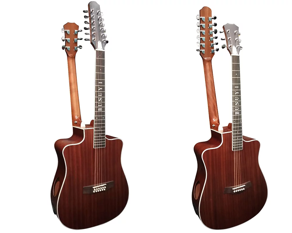 12 String Acoustic / 6 String Acoustic, Double Sided, Travel, Dreadnought , Busuyi Guitar, (Brown) All Levels