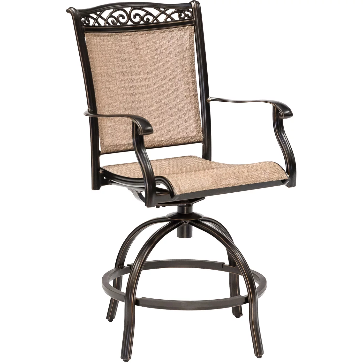 Hanover Fontana 5-Piece High-Dining Set in Tan with 4 Counter-Height Swivel Chairs, 56-in. Cast-top Table, Umbrella and Umbrella Base