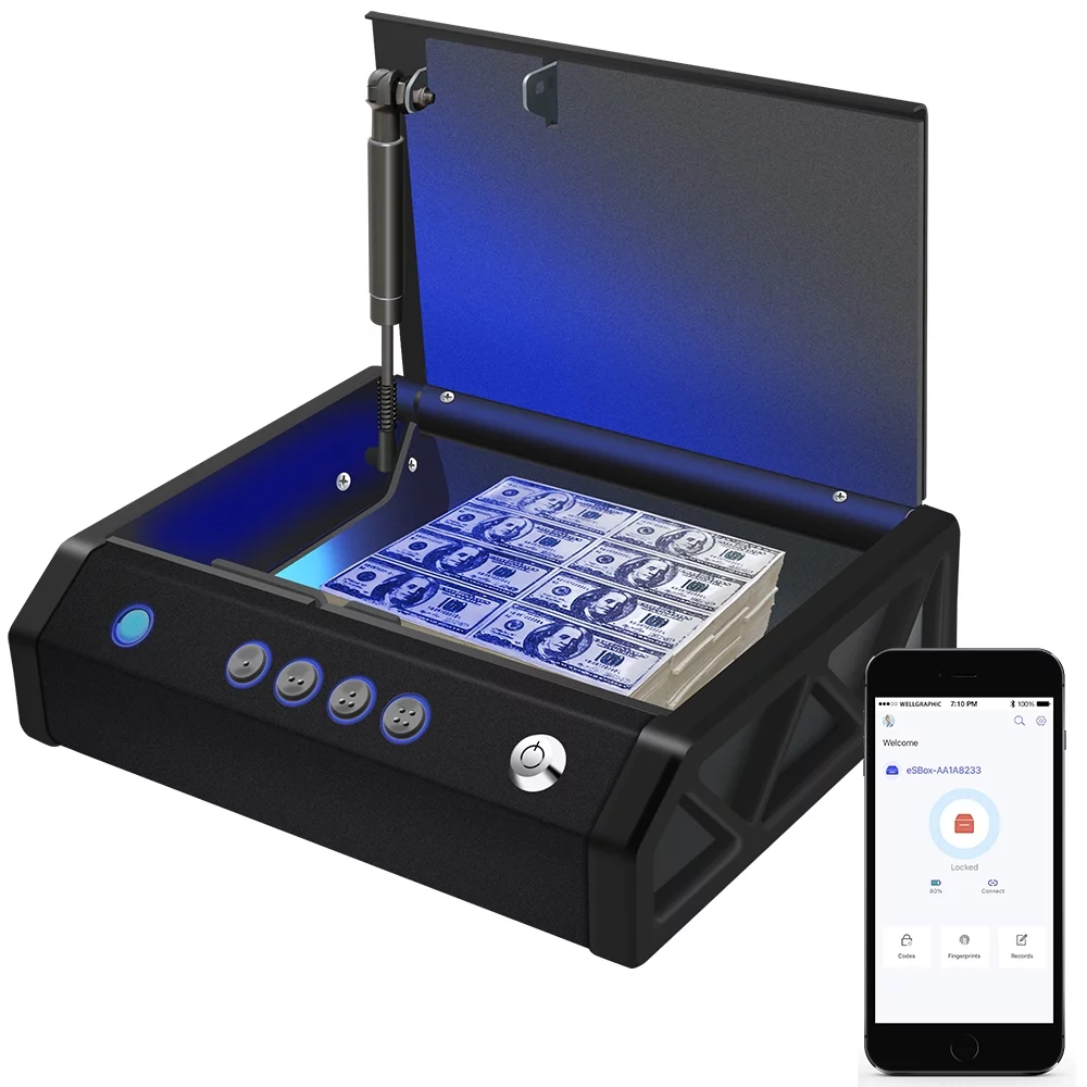 Gun Safe Box Pistol Bluetooth Smart Handgun Security Safe Lock Box,Quick Access Handgun Safe 4-in-1 with Fingerprint, Code, APP and Key (No Battery include)