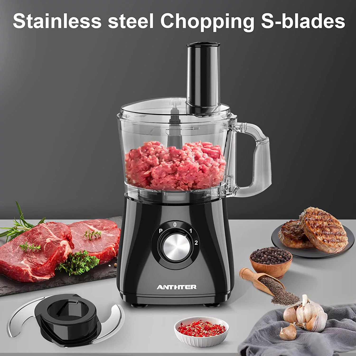 Anthter 600W Professional Food Processor - 7 Cups, Reversible Discs, Blades for Chopping, Slicing, Purees & Dough