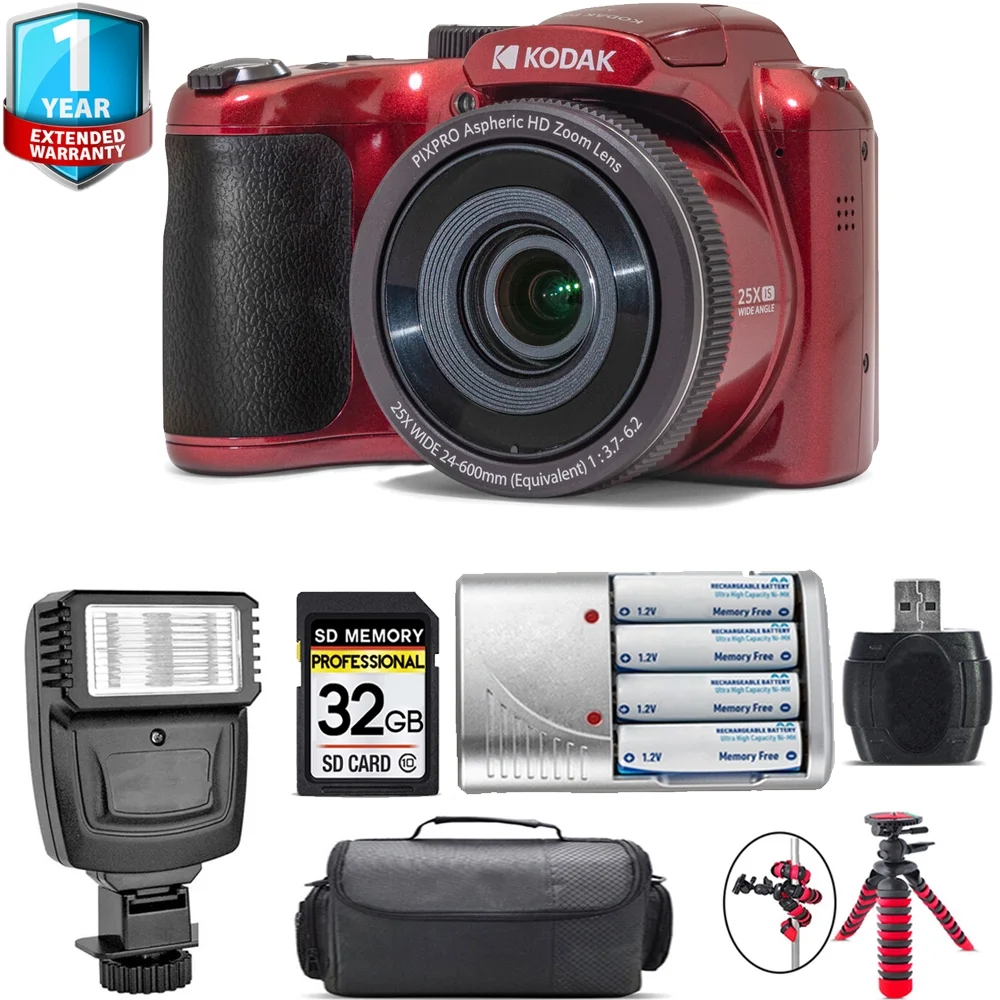 Kodak PIXPRO AZ255 Digital Camera (Red) + Extra Battery + 1 Yr Warranty + 32GB