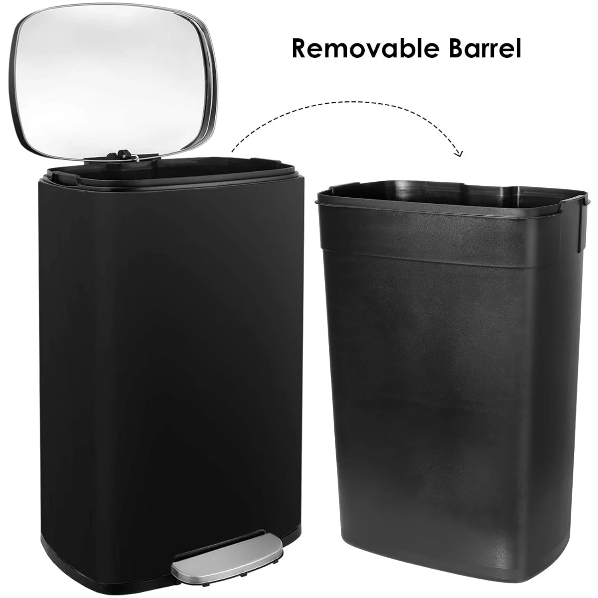 8/13.2 Gallon Step Trash Can, Stainless Steel Garbage Bin, Soft-Close Rubbish Bin with Removable Plastic Inner Bucket, Fingerprint-Proof, Lid Dustbin, Suit for Kitchen Home (Black, 50L)