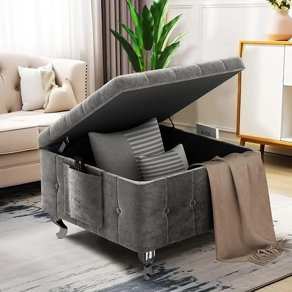 SQVGYU Large Square  Ottoman  Upholstered Tufted Ottoman Coffee Table with  for Living Room  Velvet Oversized Ottoman  Tufted Footrest for Living Room  Bedroom