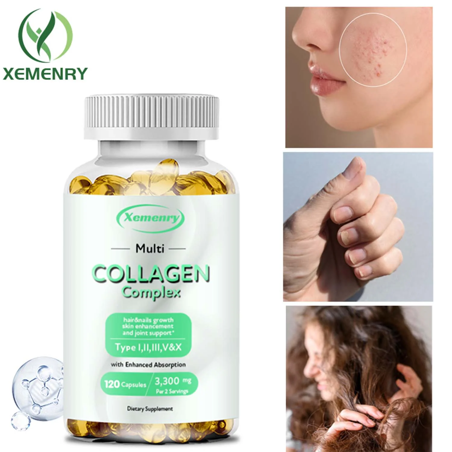 Xemenry Collagen Complex 3300mg-Type I, II, III, V, X -Hydrolyzed Collagen, Anti-Aging(30/60/120pcs)