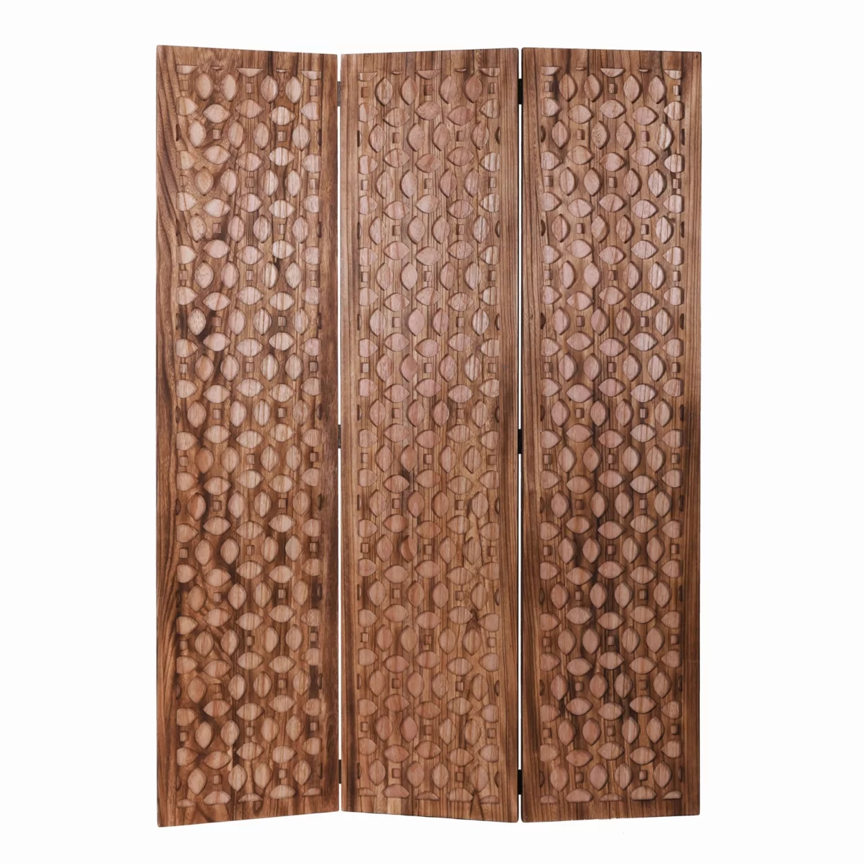 3 Panel Transitional Wooden Screen with Leaf Like Carvings, Brown- Saltoro Sherpi