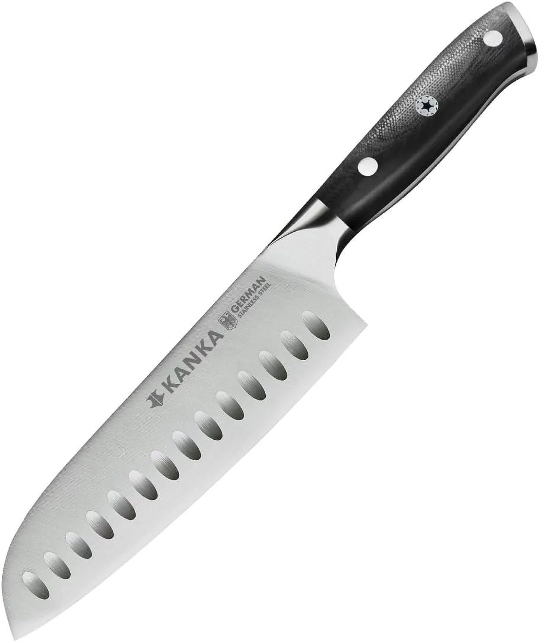 KANKA Santoku Knife - Ultra Sharp 7 inch German Stainless Steel, G10 Black Fiberglass Handle, Japanese Chefs Knife