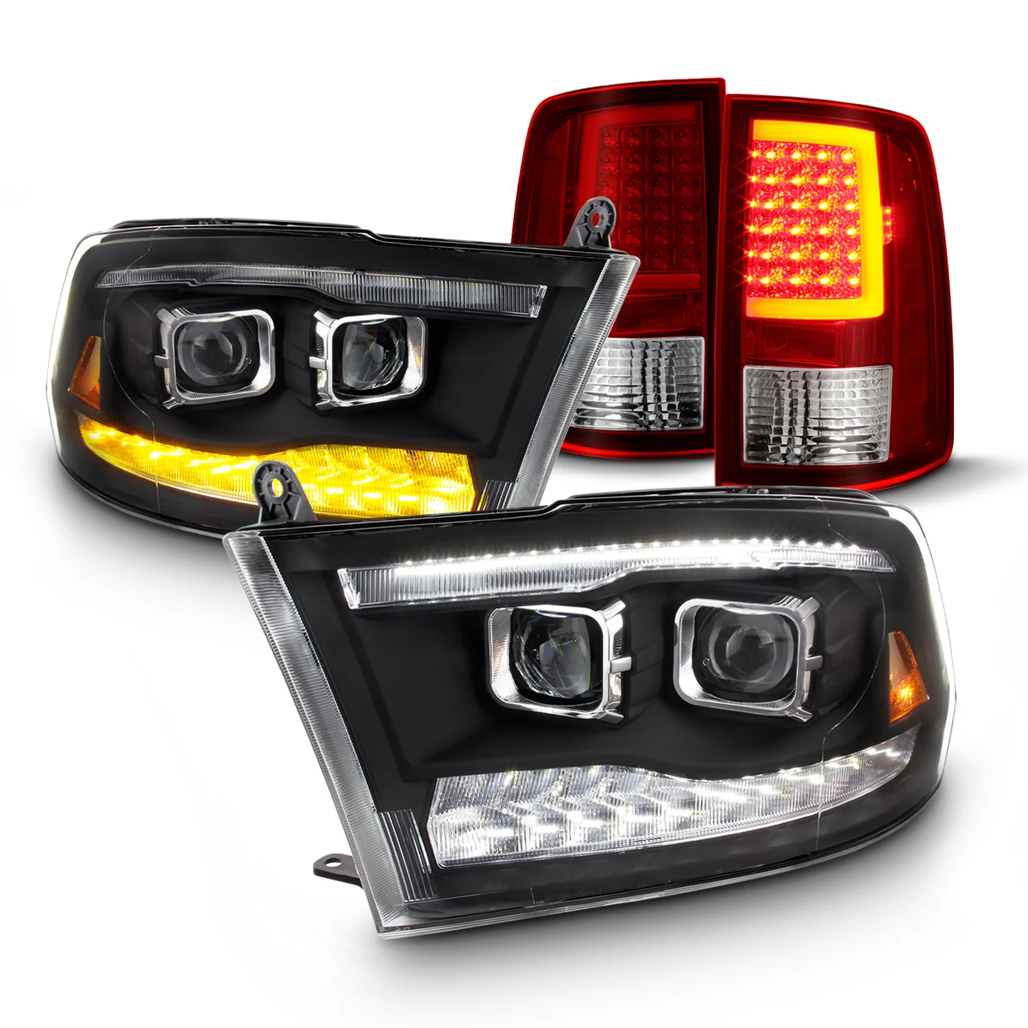 AKKON - For Dodge Ram 2009-2018 LED Bar DRL & Hi/Lo Projector Housing + Light Tube Red Tail Lamps