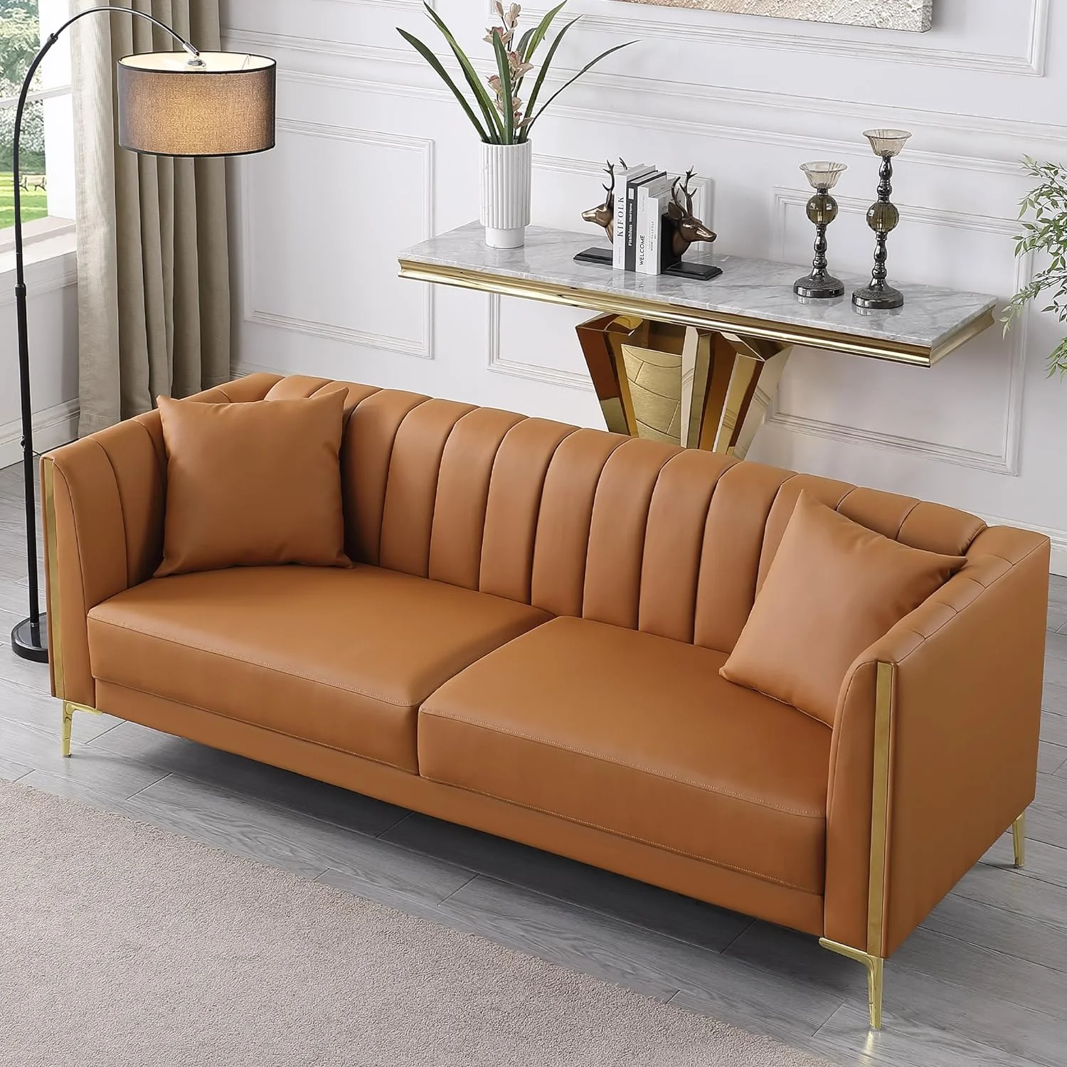 ZuKaYeHome 78'' Sofa, Modern Leather Couches for Living Room, Comfy, Faux Leather Sofa 3 Seater Sofa with 2 Throw Pillows and Gold Metal Legs, Deep Seat Sofas