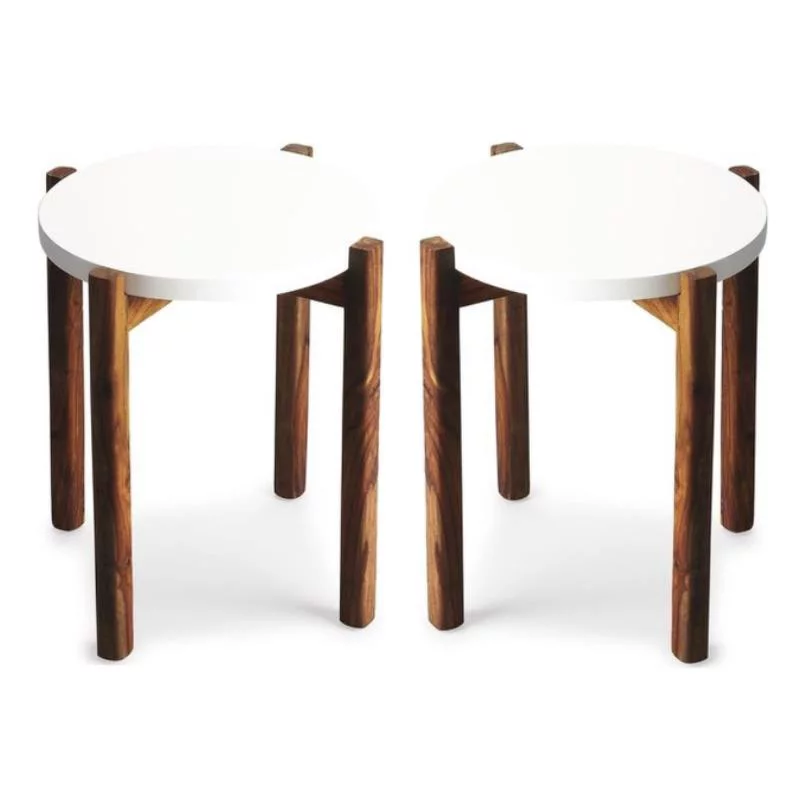 Home Square Contemporary Solid Wood Side Table in White and Brown - Set of 2