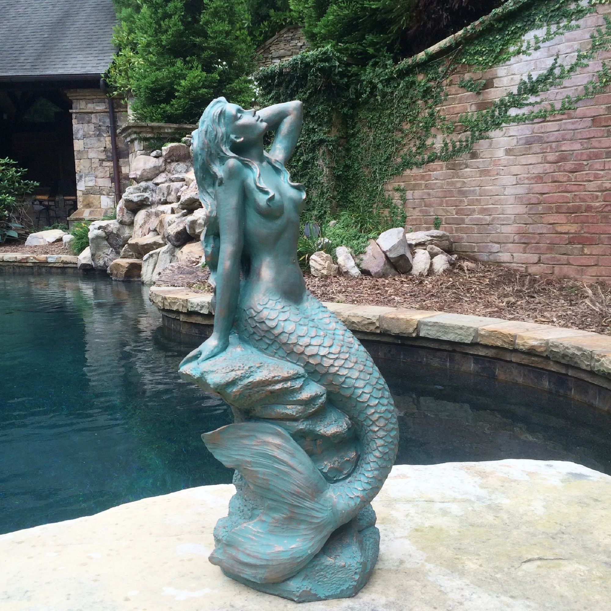 Homestyles 28 in. Giant Sexy Mermaid Sitting on Coastal Rock In Bronze Patina Beach Nautical Garden Statue