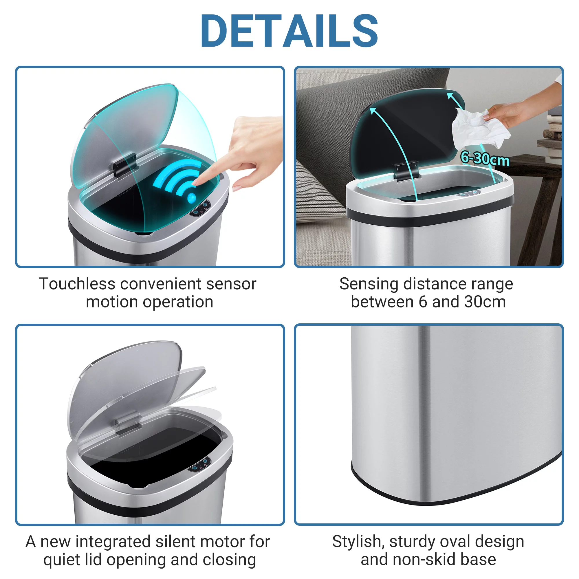 Innovaze 13.2 Gallon Motion Sensor Trash Can,  Stainless Steel Oval Kitchen Garbage Can with Black Lid