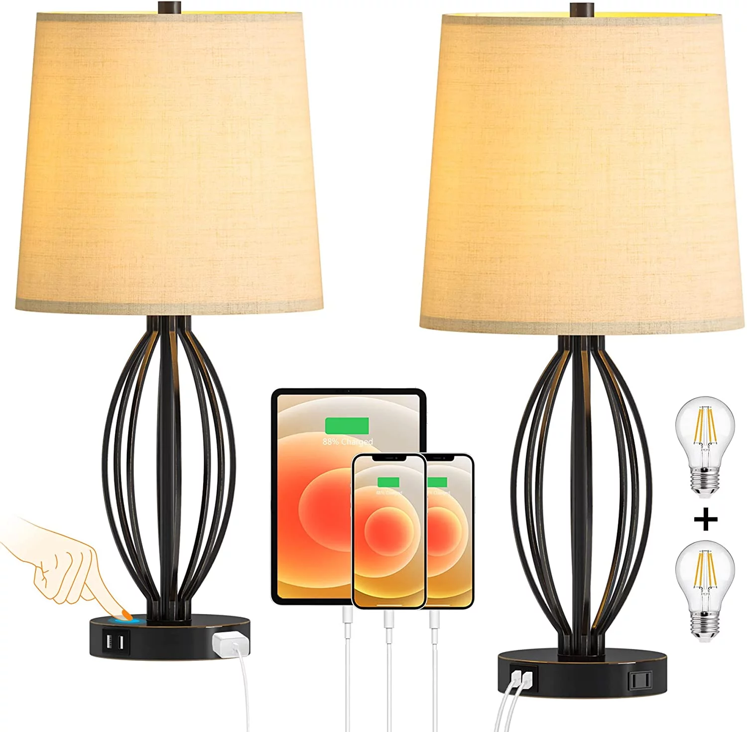 Touch Control Set of 2 Table Lamp Bedside Lamps for Living Room Bedroom