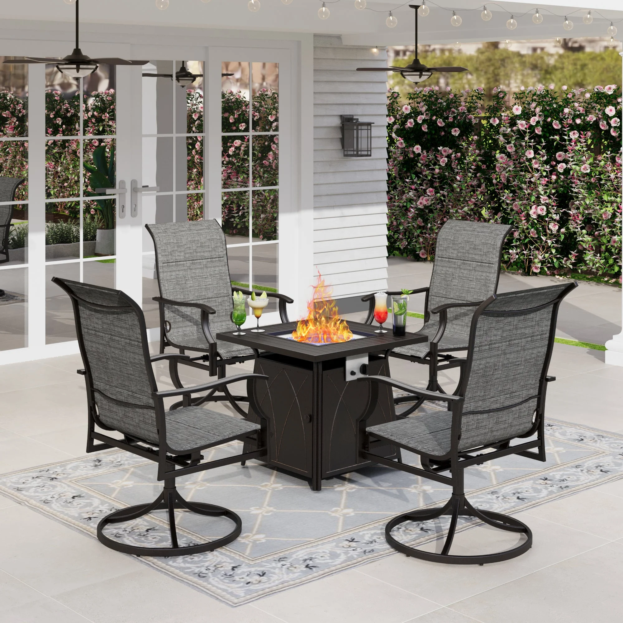 Sophia & William 5 Pcs Metal Patio Dining Set with Gas Fire Pit Table Outdoor Padded Textilene Furniture Set