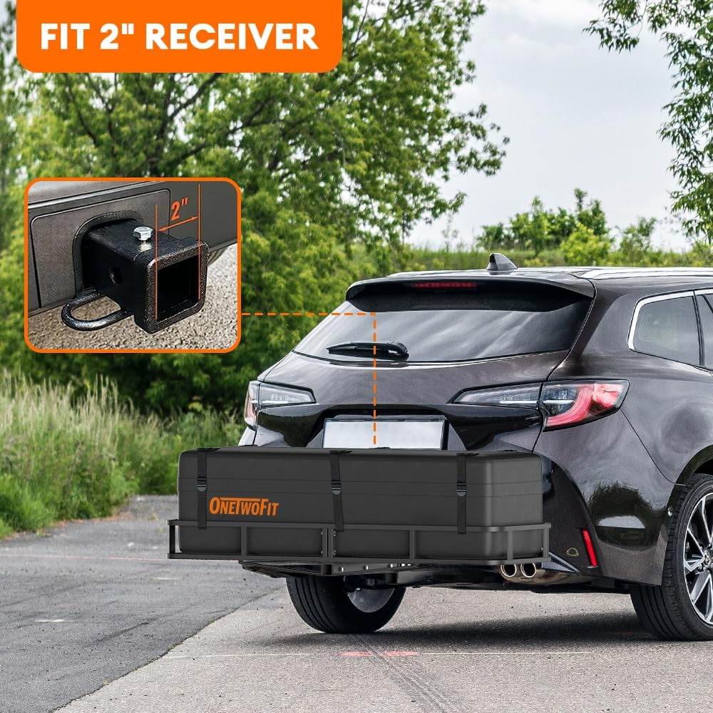 YANPO Hitch Mount Cargo Carrier, 60x20x6 Folding Hitch Rack, 500 Lbs Steel Trailer Hitch Cargo Carrier, Tow Hitch Cargo Basket with Waterproof Bag, Hitch Stabilizer, Ratchet Straps, Net