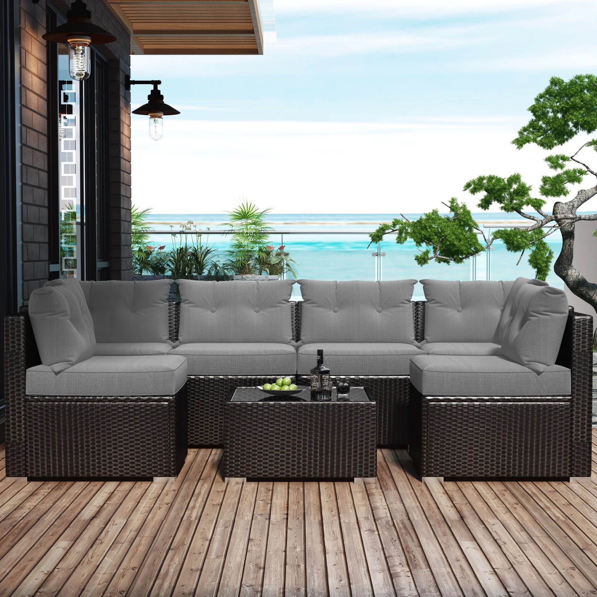 Amolife 7 Piece Outdoor Conversation Set, All-Weather Wicker Rattan Sectional Sofa Set with Cushions & Coffee Table, Morden Furniture Couch Set for Patio Deck Garden Pool