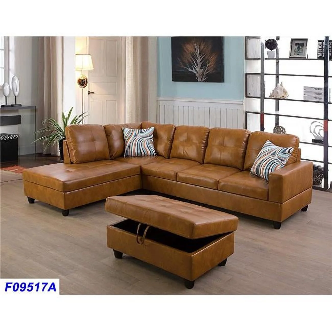 PonLiving Furniture LSF09517A 3 Piece Left Facing Sectional Sofa Set with Ottoman, Faux Leather - Ginger