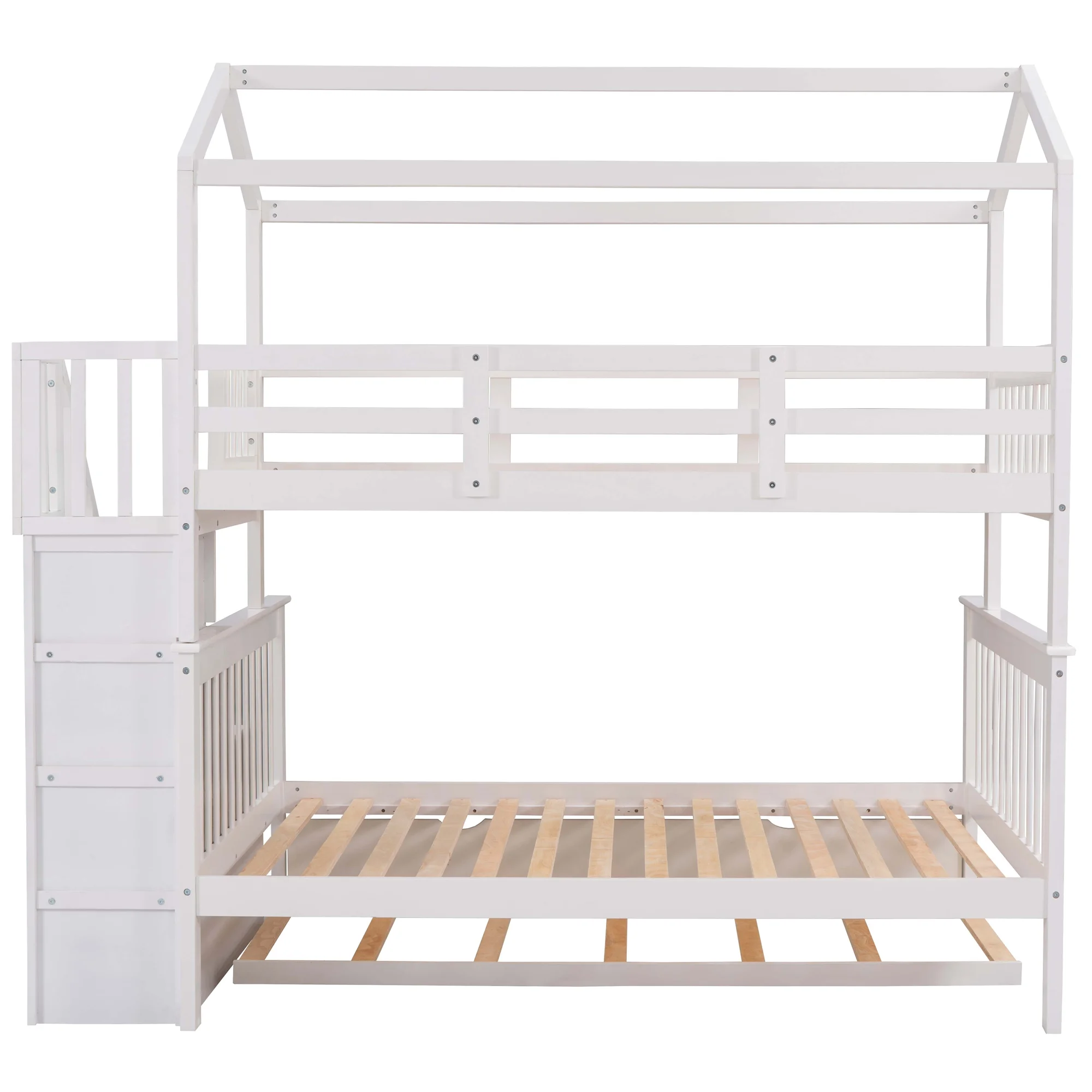 EUROCO Twin over Full House Bunk Bed with Trundle and Staircase, White