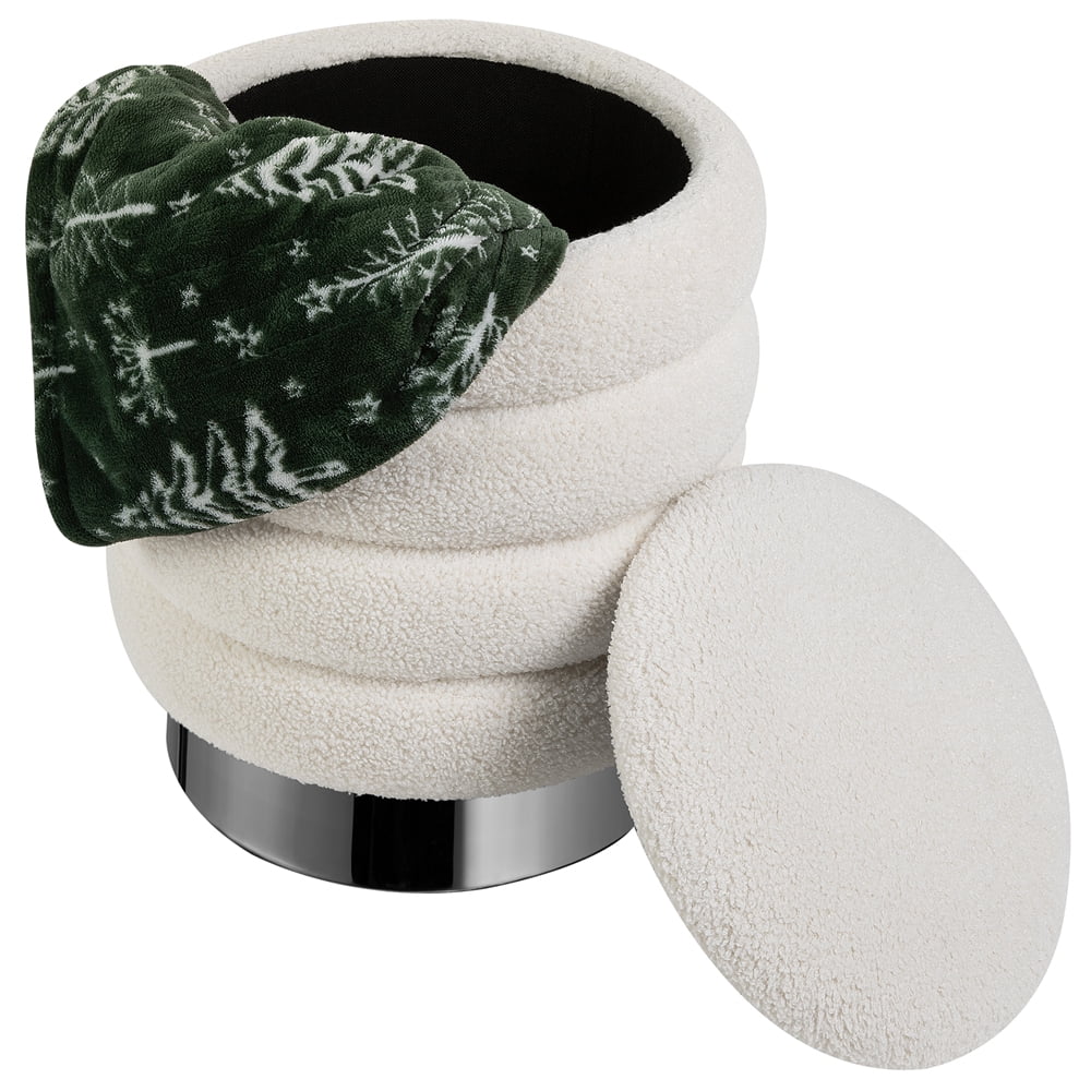 Elegant and Soft Small Round Ottoman Foot Stool in New White Color with Storage - Comfy Plush Ca117 Foam for Living Room Decor and Extra Seating