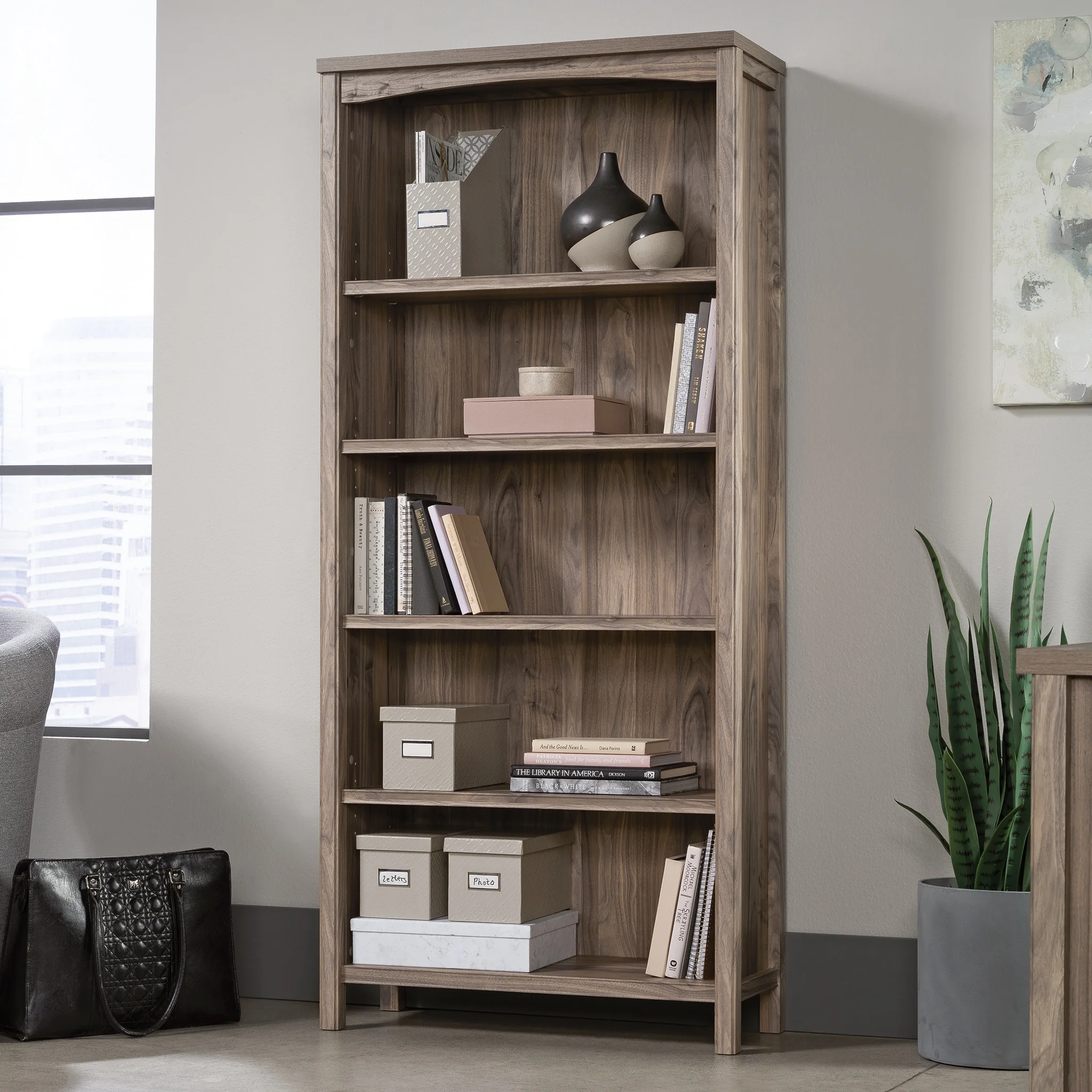 Worksense by Sauder Woodburn 5-Shelf Display Bookcase, Washed Walnut Finish
