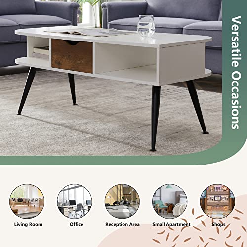 mikibama Wooden Coffee Table with Drawers and Open Storage Modern White Wood Center Coffee Tables for Living Room with Round Corners