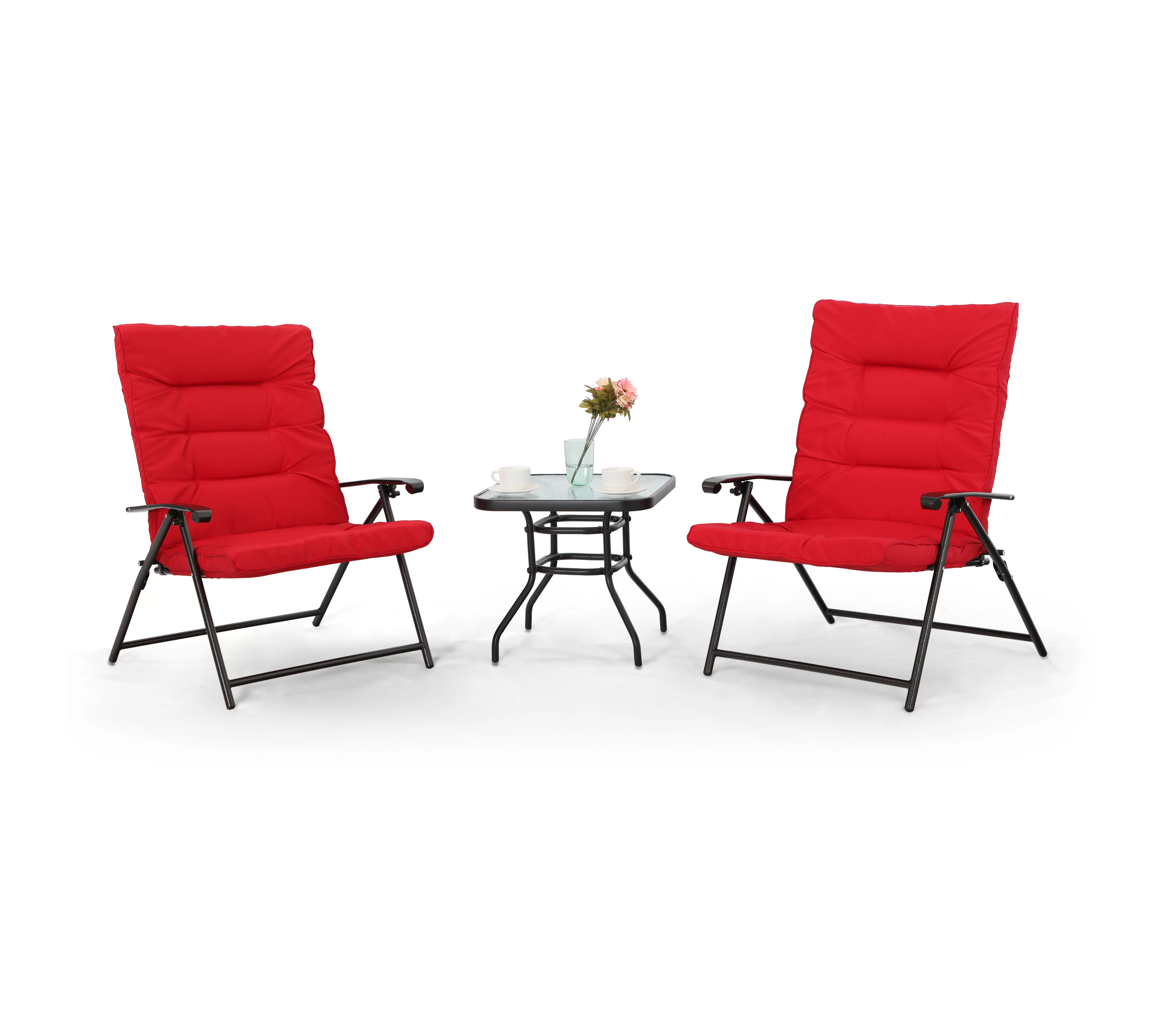 MF Studio 3-Piece Outdoor Folding Bistro Set with Adjustable Reclining Lounge Chairs, Red