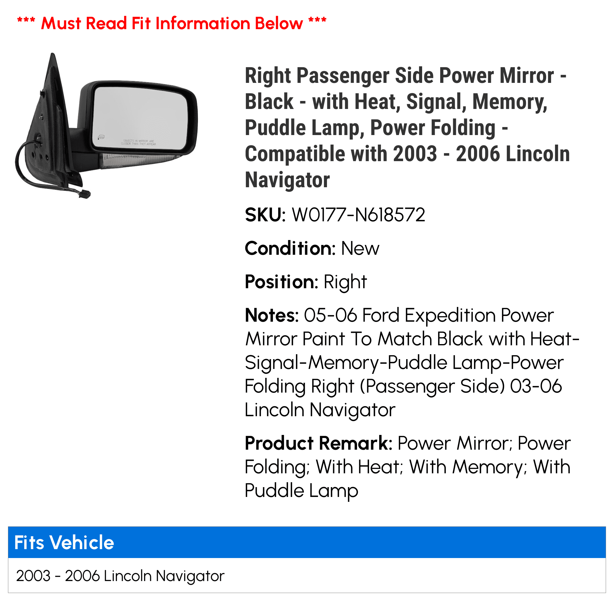 Right Passenger Side Power Mirror - Black - with Heat, Signal, Memory, Puddle Lamp, Power Folding - Compatible with 2003 - 2006 Lincoln Navigator 2004 2005