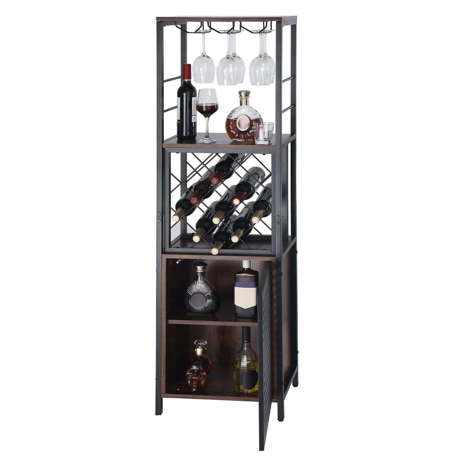SKYSHALO Industrial Bar Cabinet Wine Bar Home Table with Wine Rack & Glass Holder