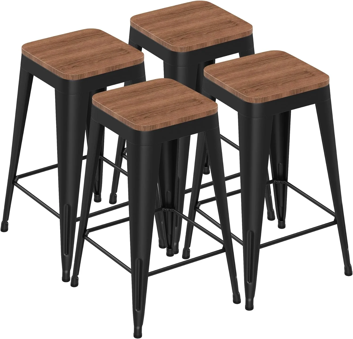 Barstools Set of 4 Black Metal Bar Stools Industrial Modern Bar Chairs with Wood Top for Kitchen Island Counter Height Cafe Resturant Stools, 26 inch