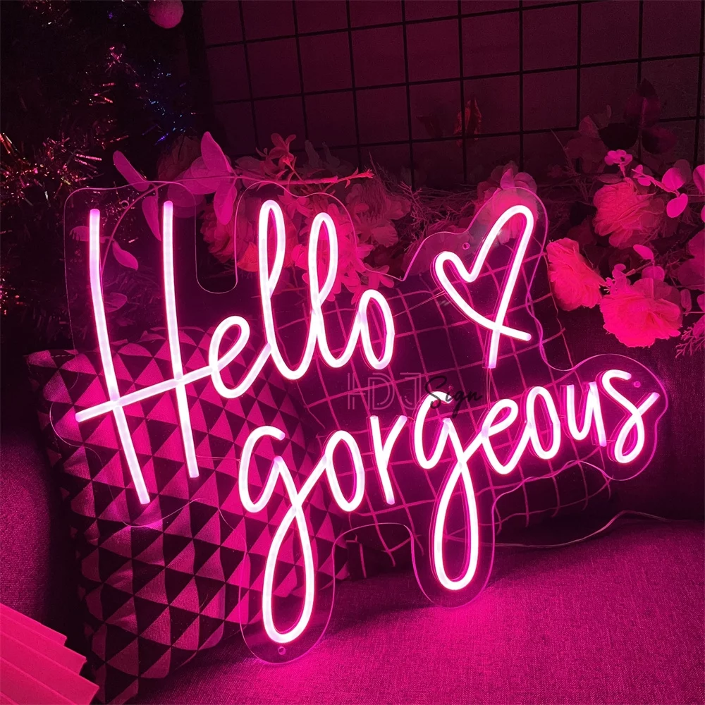 Hello Gorgeous Neon Sign, Pink LED Neon Light Letters Heart Decorative Wall Lights for Girls Room Wedding Anniversary Engagement Birthday Party (23.62x16.92inch)