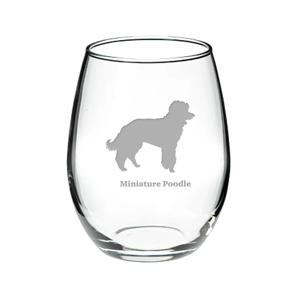 Miniature Poodle Deep Etched Stemless Red Wine Glass