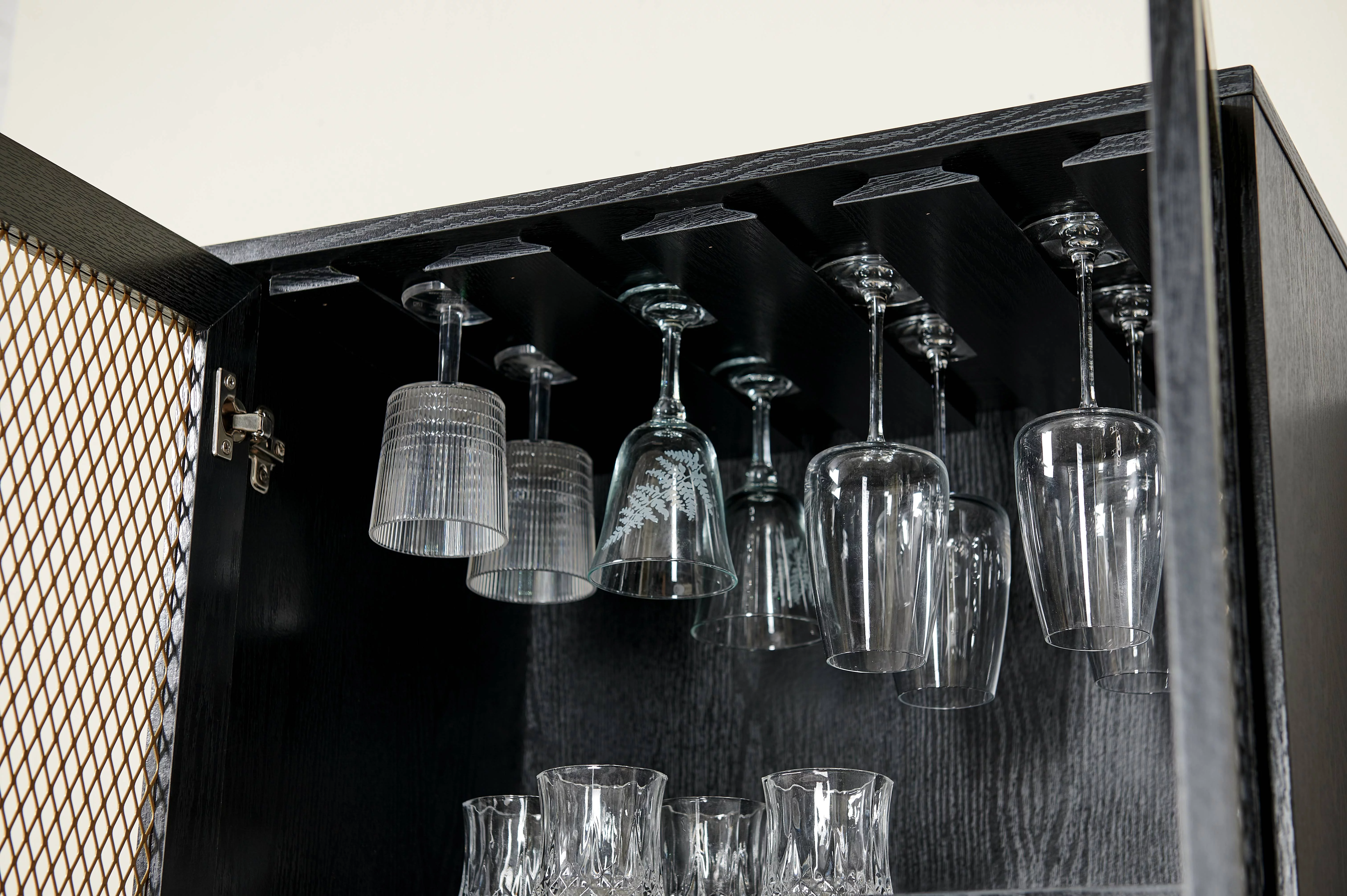 Home Source 2-Door Bar Cabinet with Gold Mesh Display Black Finish